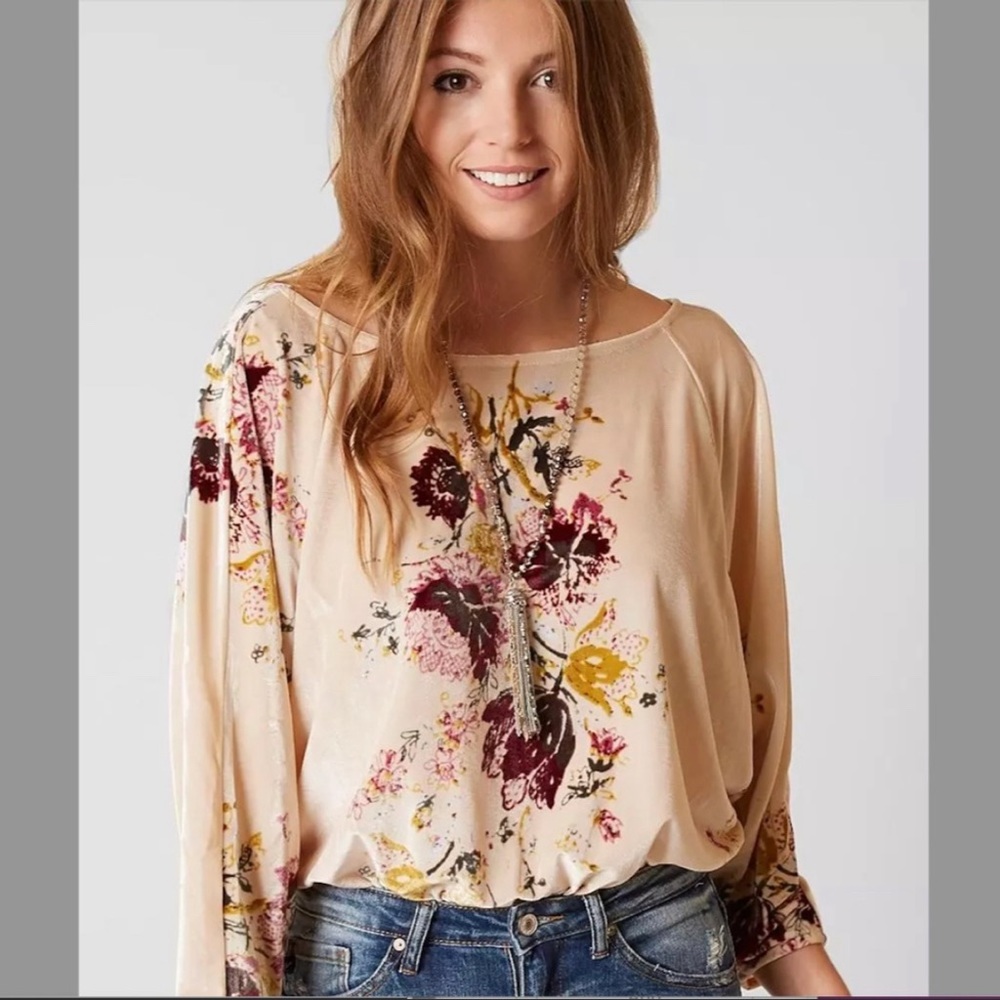 Free People Intimately Velvet Slouch Floral Print Bodysuit Cream Size Small